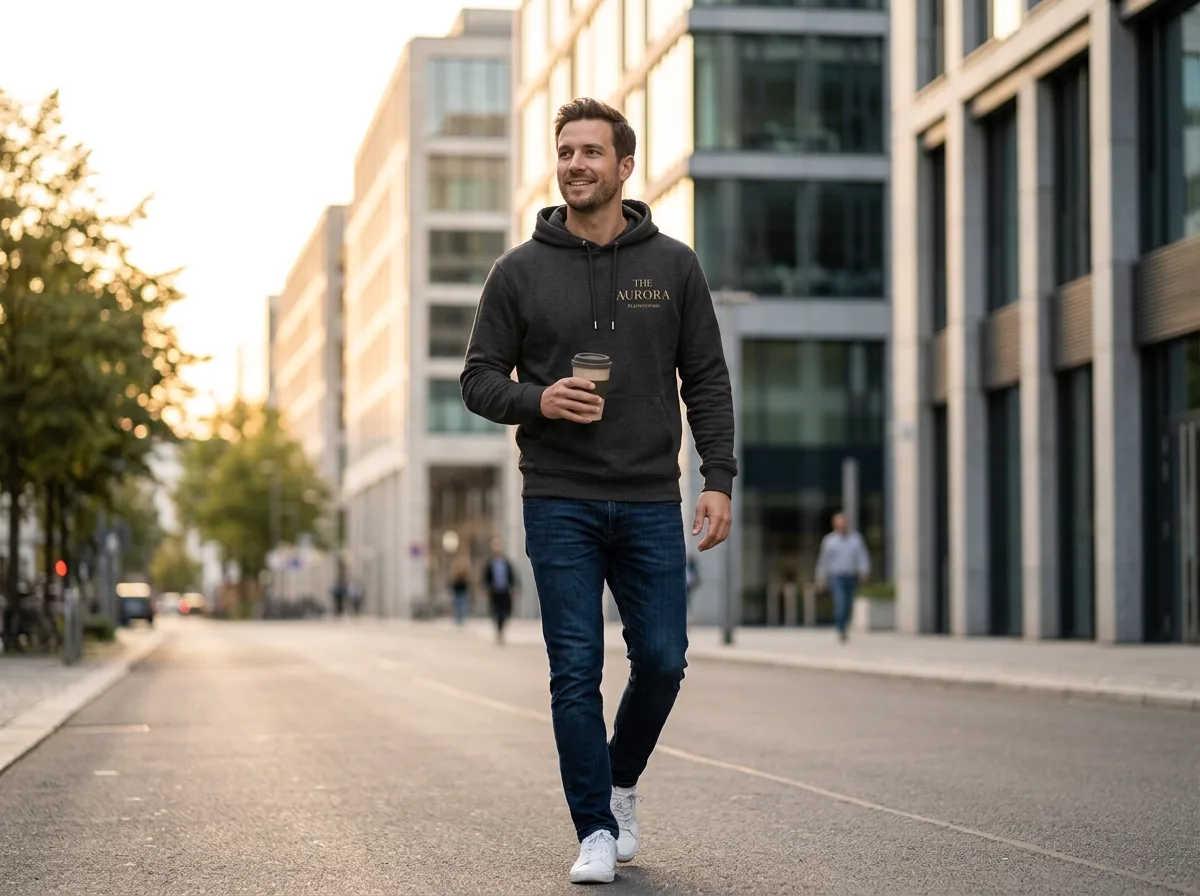 Mann mit Aurora Hoodie in der Stadt
